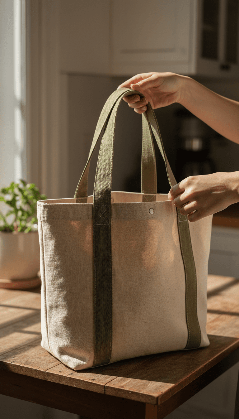Hands holding a high-quality canvas tote bag in natural daylight