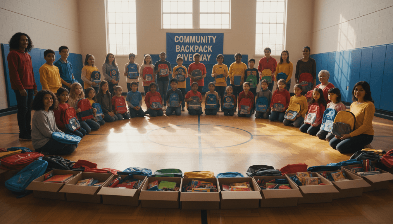 Diverse children and adults at a backpack donation event in a gym, surrounded by school supplies