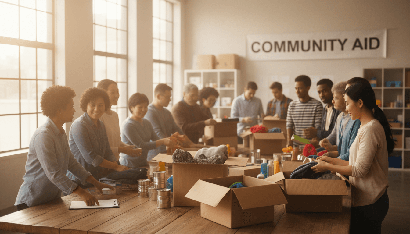 Volunteers around a table packing backpacks at a community center in Boston