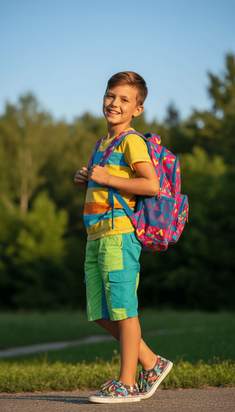 Child's hands gripping backpack straps, soft morning light