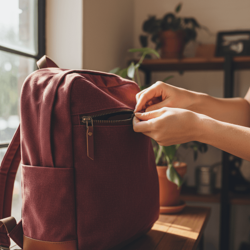 Close-up of hands zipping a packed backpack